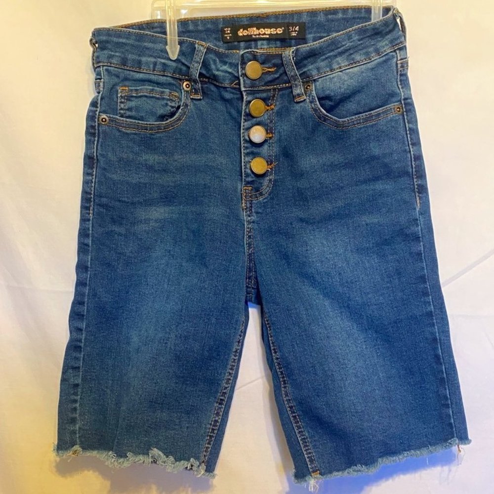 Dollhouse Juniors Dark Denim Cut Off Shorts Button Fly Raw Hem Stretch ~Size 3/4